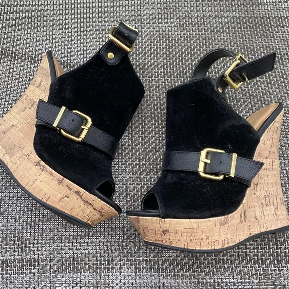 ~Ladies Shoe Dazzle Black Suede Gold Buckle Wedge Cork Slides/Heels~6.5M~NEW!~ - Picture 2 of 9